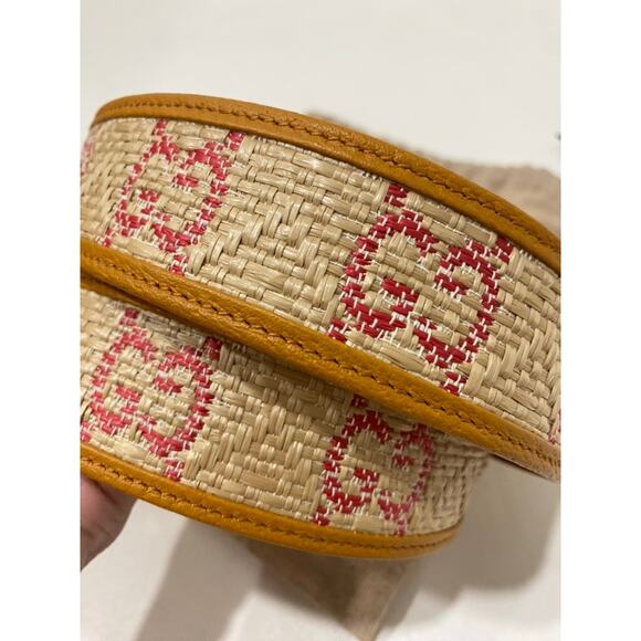 Gucci GG Marmont G Print Raffia Straw Wide Belt 90 Tan Pink Yellow - Picture 10 of 16